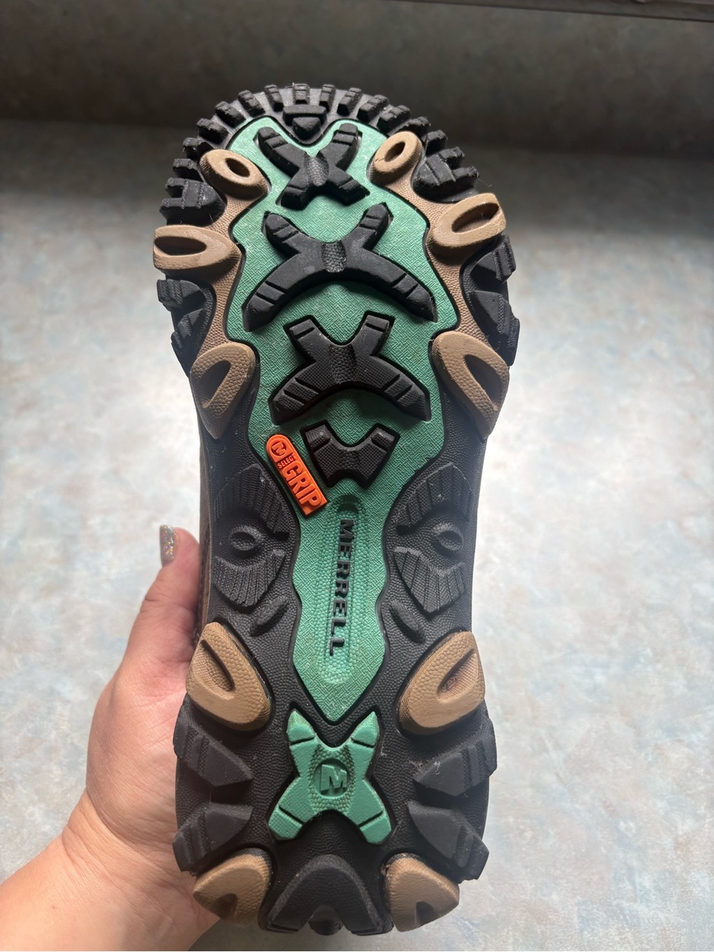 Women’s Merrell size 7.5, Brown Leather Hiking Shoes with Teal Mesh Tongue - Picture 7 of 10